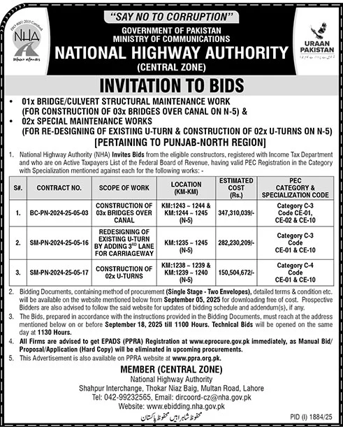 National Highway Authority Lahore Tender Notice
